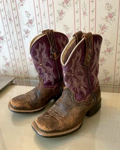 Ariat Kids Western Boots Size 8.5 Cowgirl Burgundy & Brown - Picture 1 of 11