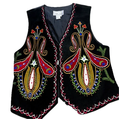 Chaleco De Colección Grande EREZ LEVY Cuero Bordado Cachemira Floral Boho Arte Popular Foto 1 de 4