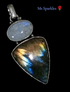 Stunning Large Labradorite & Moonstone Gemstone Pendant -925 Silver Bright 4498 - Picture 1 of 15