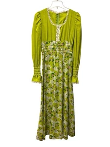 Maxi Vestido Vintage Años 60 | Verde Groovy Hippie Flower Power Mod | Talla Pequeña H60 - Imagen 1 de 11