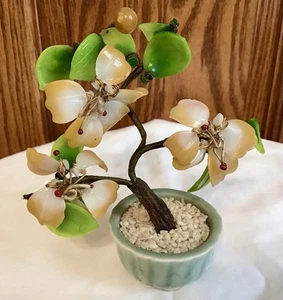 VINTAGE ROSE QUARTZ JADE GLASS FLOWR BONSAI TREE CELADON POT - Picture 1 of 2