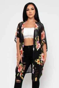 Black Floral Open Front Kimono Cardigan Size Medium Cover Up - Picture 1 of 2