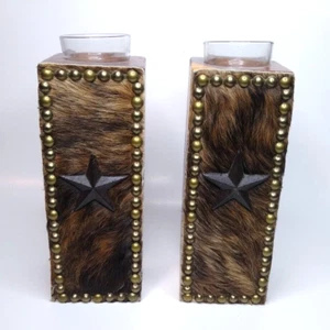 Rustic Western Cowhide & Cedar Wood 10" Candle Holder Pillars (2), Star Concho - Picture 1 of 12