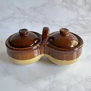 VTG Armbee Double Condiment Server Crocks, Brown & Tan Glaze Pottery Taiwan - Picture 1 of 9