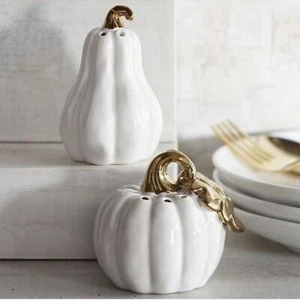 Ceramic Fall and Thanksgiving Salt and Pepper Shaker White and Gold Pumpkin - Picture 1 of 8