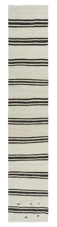 2x10 Ft Vintage Anatolian Narrow Kilim Runner in Cream with Dark Brown Stripes - Image 1 of 4