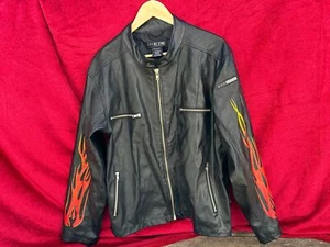 Vintage BC ETHIC Pleather 5 Zipper JACKET ~ Large Rockabilly FLAMES on Sleeves - Picture 1 of 9