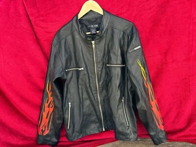 Vintage BC ETHIC Pleather 5 Zipper JACKET ~ Large Rockabilly FLAMES on Sleeves - Image 1 of 4