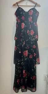 Crystal Doll Dress Junior Sz 11 Black Red Rose Floral Maxi Tiered Babydoll Fairy - Picture 1 of 13