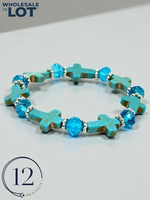 LOTE AL POR MAYOR 12 Elegante Pulsera Elástica Elegante Imitación Turquesa Cruz Cuentas Foto 1 de 4