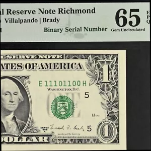 Binary Serial Number $1 Dollar Bill Note 1988A Richmond PMG 65 EPQ UNCIRCULATED - Picture 1 of 4