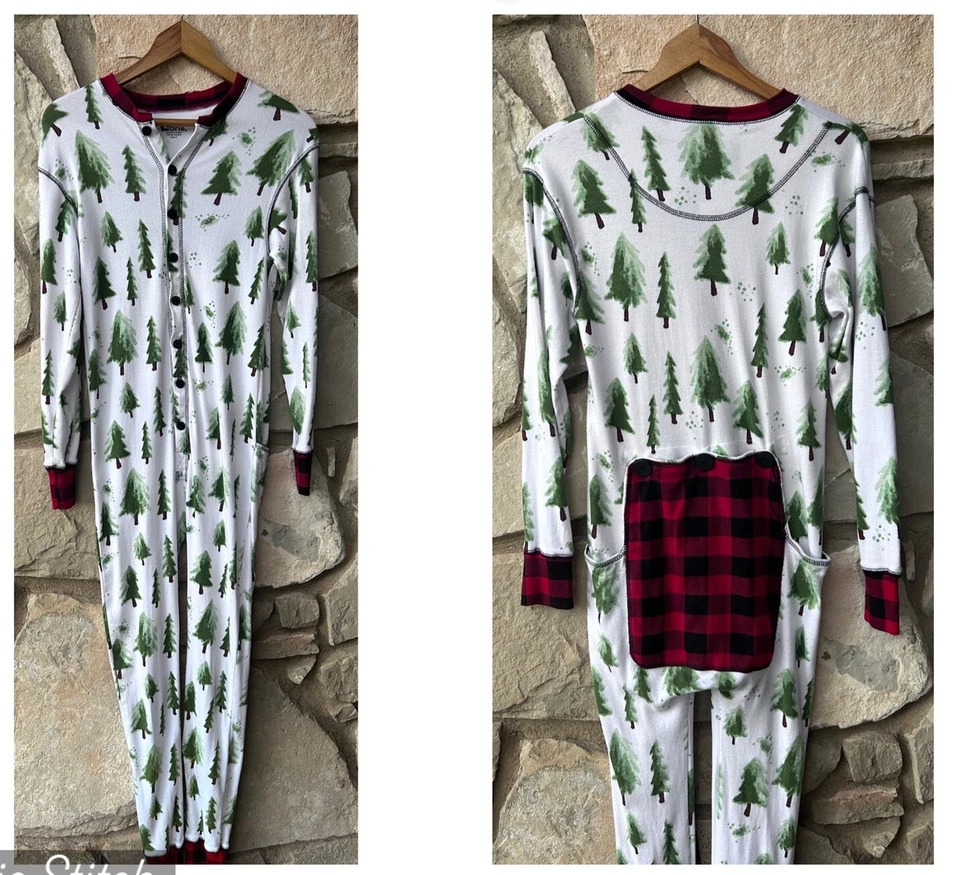 Lazy One Pajamas Flap Jack Small Red Buffalo Check Green Xmas Trees One Piece - Image 1 of 4
