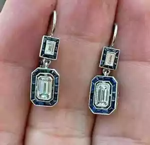 Art Deco Emerald Cut Lab Created Diamond & Sapphire 14K White Gold FN Earrings - Picture 1 of 7