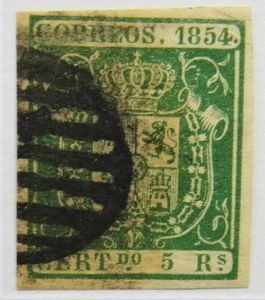 Spain 1854 5 reales Green Scott 129 Black Grid cancel VF centering $125.00 - Picture 1 of 2