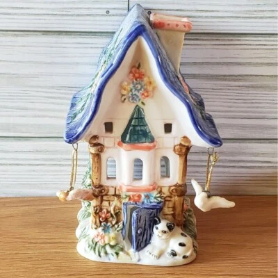 Vintage Old Country Ceramic Tea Light Candle Garden Cat Cottage Summer House M5 - Image 1 of 4