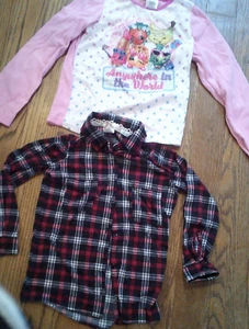 2 Girls tops Plaid MAGENTA brand button up +shopkins pink pull over 7/8 - Picture 1 of 3
