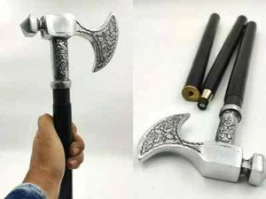 Silver Finish Metal Axe Head Handle Wooden Walking cane Victorian Axe Head Handl - Picture 1 of 5