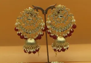 Jhumka Bail Earrings With Dangling Pearl Long Red - Picture 1 of 5
