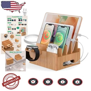 Luxury Bamboo Desk Organizer: 5-Port USB Charger, Watch & Earbud Stand - Picture 1 of 9