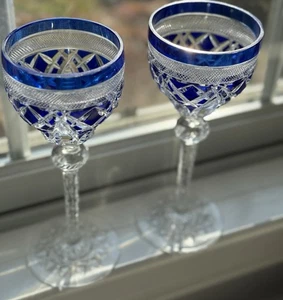 Set Of Four - Val St Lambert Cobalt & Cranberry Cut to Clear Wine Glasses EUC - - Picture 1 of 22