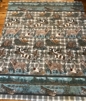 Vtg Acrylic Blanket Hunting Wildlife Deer Ducks Dogs Canoe Cabin 69” X 85” Gray - Image 1 of 4
