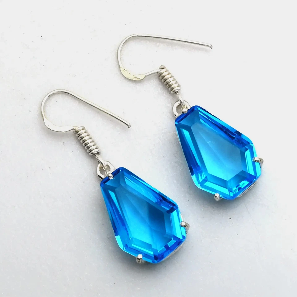 Pendientes colgantes hechos a mano con piedras preciosas de topacio azul joyería para ella 2,2" AE-12451 Foto 1 de 1