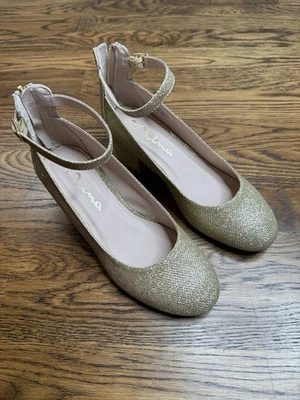 Nina Girl’s Linnie Gold Dressy Sparkle Ankle Strap Heels Size 4 - Image 1 of 4