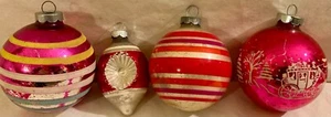 Vintage Glass Christmas Ornaments USA Stencil Stripe Indent Red Pink Set Of 4 - Picture 1 of 8