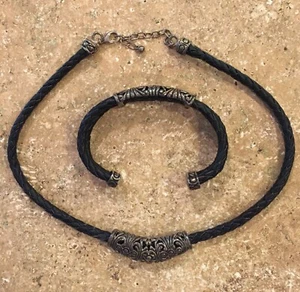 ESPO SIG 925 Silver Vintage Leather Cuff Bracelet Choker Necklace Set - Picture 1 of 7