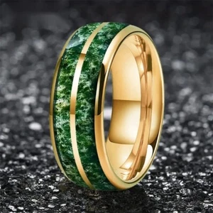 8MM Dome Double Groove Green Agate Stone Inlay Tungsten Carbide Ring Band - Picture 1 of 9