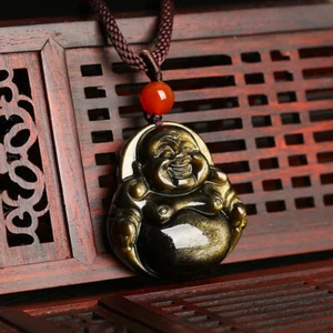 Obsidian Maitreya Buddha Pendant, Men's and Women's Crystal Necklace 18" - Picture 1 of 8