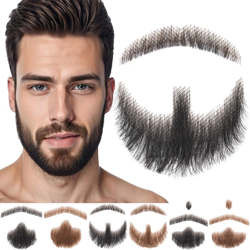 100% Human Hair Mens Fake Beards Realistic Facial Hair Full Lace False Mustache - Image 1 of 4