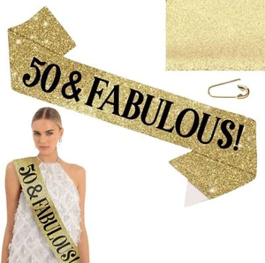 50th Birthday Sash 50 & Fabulous Gold Sash Birthday Decorations for Women Men - Picture 1 of 6