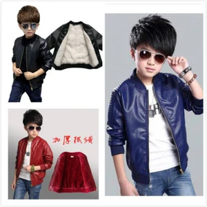 Warm Winter Kids Boy Fleece PU Leather Jacket Thin Thicken Motorcycle Coats Gift - Picture 1 of 16