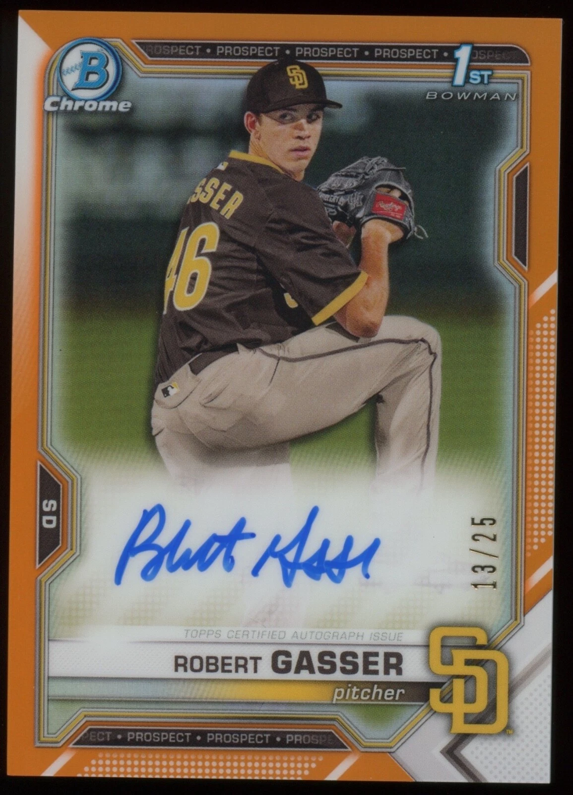 2021 Bowman Chrome Draft Robert Gasser 1st Orange Refractor Auto /25 Padres