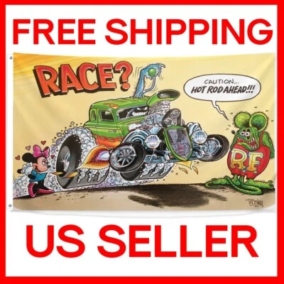 Rat Fink Flag Race? 3x5 Flag 3 x 5 Banner Caution Hot Rod Ahead Man Cave Flags - Image 1 of 4
