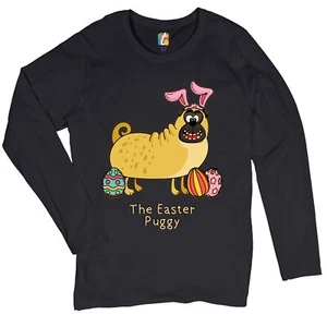 The Easter Puggy Women's Long Sleeve T-shirt Pug with Bunny Ears Easter Eggs - Picture 1 of 29