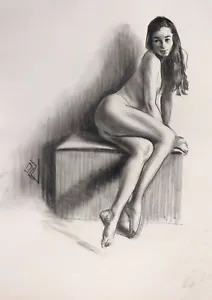 Original Female Charcoal on paper life Drawing nude Girl woman artwork realism - Picture 1 of 1