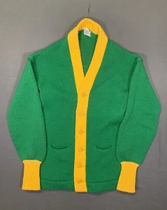 Vintage Yearite Cardigan 1960s Button Sweater Bunny Knit Sportswear Green Yellow - Picture 1 of 14