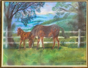 Illegibly Signed Mare Foal on Paddock Horses Meadow Alps Mountains Antique - Picture 1 of 7