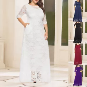Women Lace Elegant Half Sleeve Party Gowns Solid Pullover A-Line Long Maxi Dress - Picture 1 of 28