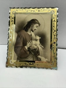 ART DECO floral reverse painted glass picture frame scalloped edges 9x11" gold - Picture 1 of 7