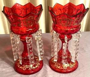 Lovely Pair of Bohemian Ruby Gold Gilt Glass Mantle Lusters with Prisms - Picture 1 of 6