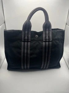 HERMES Black Gray Fourre Tout MM Small Canvas Tote Bag Purse USED - Picture 1 of 10