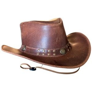 Brandslock Brown Leather Western Cowboy Hat Men Women Shapeable Wide Brim - Picture 1 of 8