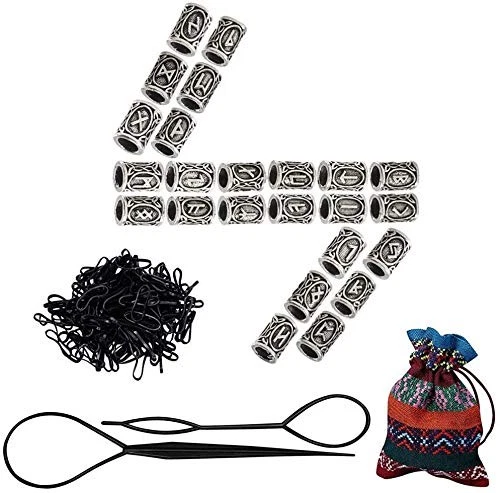 Fogawa 24pcs Beard Beads for Men Viking Rune With Rubber Sliver 24