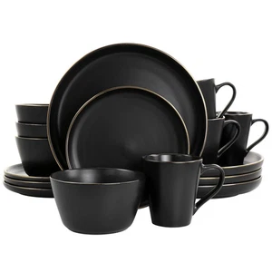 Elama Paul 16 Piece Stoneware Dinnerware Set in Matte Black with Gold Rim - Picture 1 of 1