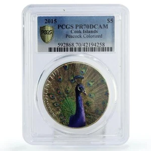 Cook Islands 5 dollars Wildlife series Peacock Bird PR70 PCGS silver coin 2015 - Picture 1 of 2