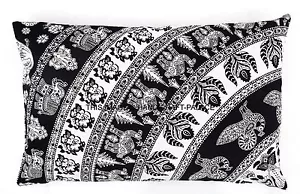 Indien Cotton Throw Bedding Shams Elephant Mandala Printed Black Pillow Cover - Picture 1 of 2