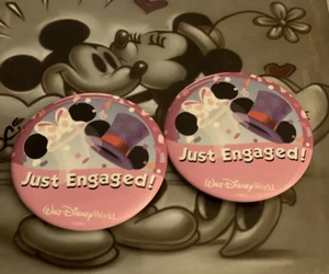 Set of two Walt Disney World "JUST ENGAGED" Pins-Buttons RARE Discontinued - Picture 1 of 4